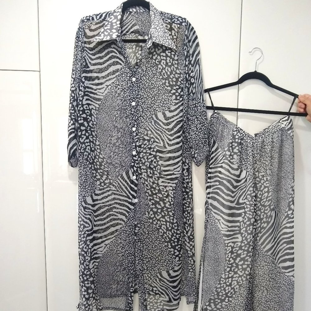 Grey and cream zebra sheer blouse with pants.